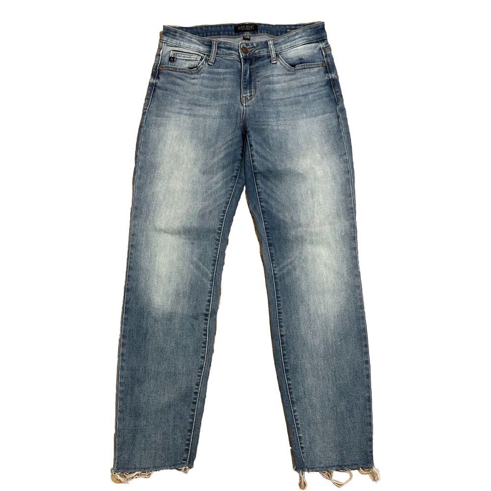 Judy Blue Relaxed Fit Ankle Jeans Raw Hem High Rise Style JB82222 Med Wash 7/28